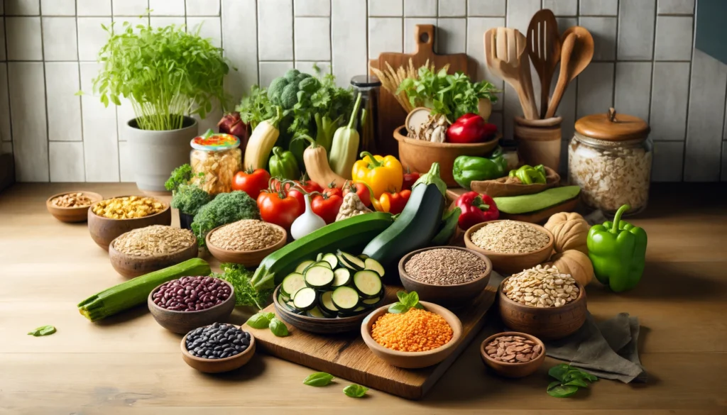  A beautifully arranged kitchen counter displaying colorful vegetables, whole grains, beans, lentils, tofu cubes, and nuts for nutritious plant-based meal preparation.