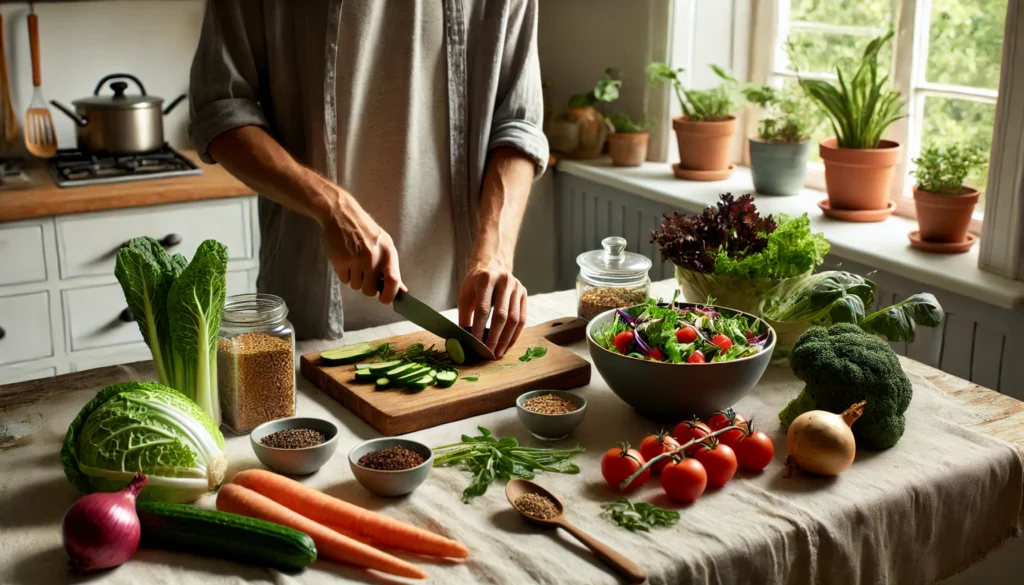 Understanding the Plant-Based Diet: Definition, Benefits, and How to Get Started 1 A kitchen scene where a person is preparing a plant-based meal, chopping fresh vegetables and adding them to a bowl of salad. The kitchen counter is filled with ingredients like herbs, grains, and plant proteins, conveying a wholesome and natural food preparation process.