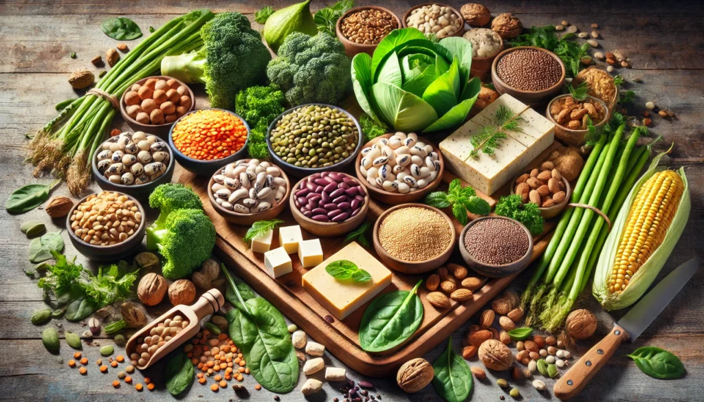 A visually appealing collection of protein-rich plant foods on a wooden cutting board, including lentils, beans, quinoa, nuts, seeds, tofu, kale, and spinach, highlighting textures and colors.

