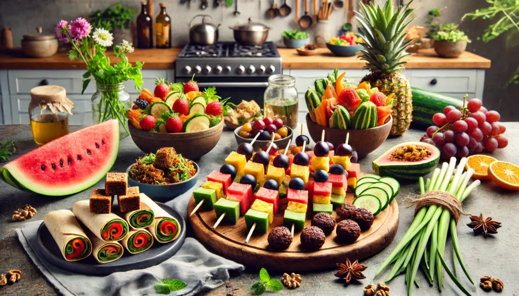 An assortment of raw vegan snacks displayed on a modern kitchen table, including fresh fruit skewers, homemade energy bites made from dates and nuts, raw vegetable wraps filled with shredded carrots and hummus, and garnishes of fresh herbs and edible flowers.