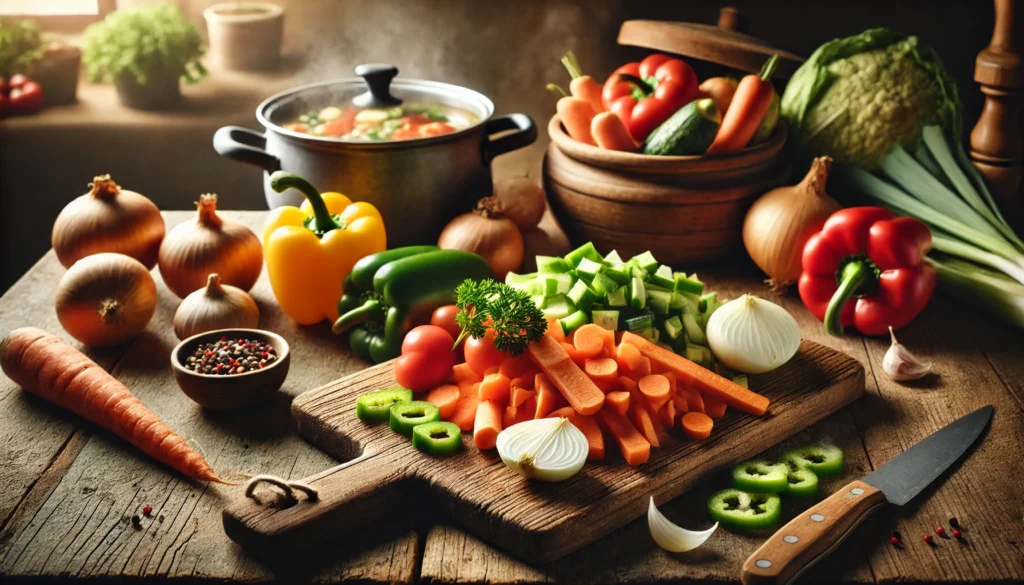 The Power of an Unprocessed Food Diet: How Eating Whole Foods Supports Long-Term Health 1 A warm, rustic kitchen with a wooden cutting board full of freshly chopped vegetables, including bell peppers, onions, and tomatoes, with a pot of homemade vegetable soup simmering in the background.