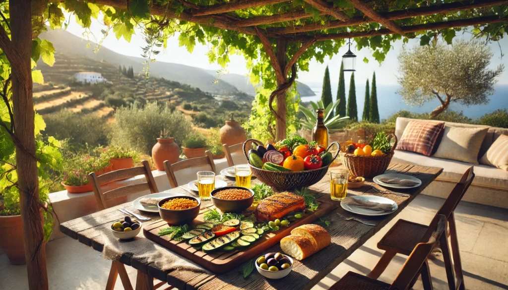How to Start a Vegetarian Mediterranean Diet: A Practical Guide to Healthful Eating Backed by Science 1 Outdoor Mediterranean dining scene beneath a vine-covered pergola with a table filled with vegetarian dishes like grilled vegetables, olives, lentil salad, and fresh bread, surrounded by olive trees and hills.