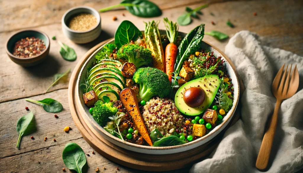 How to Lose Weight with a Plant-Based Diet: Science-Backed Strategies for Sustainable Success 1 A gourmet plant-based meal featuring quinoa, roasted vegetables, and avocado, artfully plated on a rustic wooden table, highlighting the appeal and balance of whole food vegan meals.