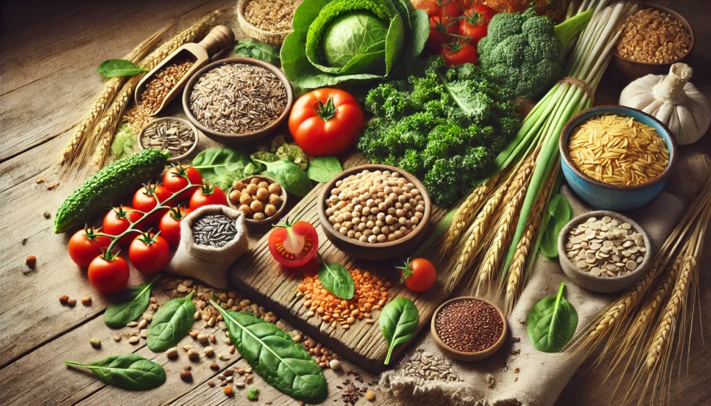 How to Build a Whole Food Diet Plan: Healthy Whole Foods to Include for Optimal Wellness 1 A rustic kitchen counter filled with whole foods like kale, brown rice, lentils, chickpeas, and chia seeds, emphasizing the diversity of wholesome, unprocessed foods.