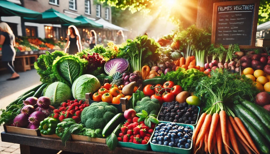 An outdoor farmers market display showcasing a wide variety of fresh, colorful produce including leafy greens, tomatoes, root vegetables, and berries under warm sunlight.