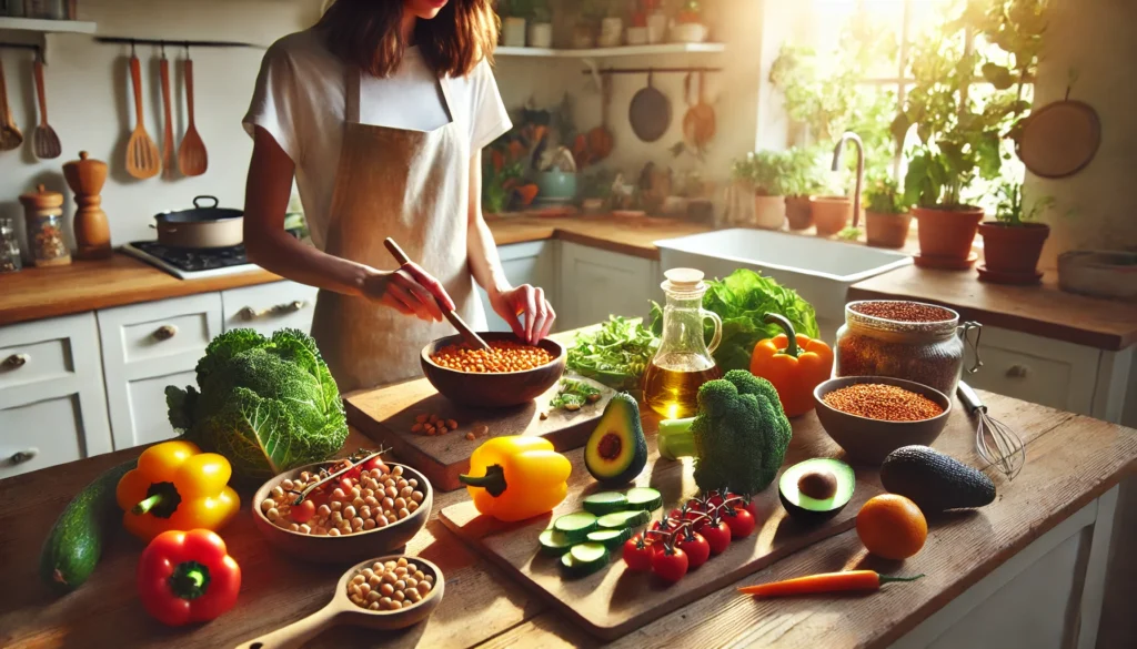 Why Do People Become Vegetarians? Exploring the Top 10 Benefits of a Vegetarian Lifestyle Backed by Science 1 A home kitchen scene with natural lighting where a person prepares a nutrient-rich vegetarian meal using fresh whole foods like chickpeas, greens, and avocados.