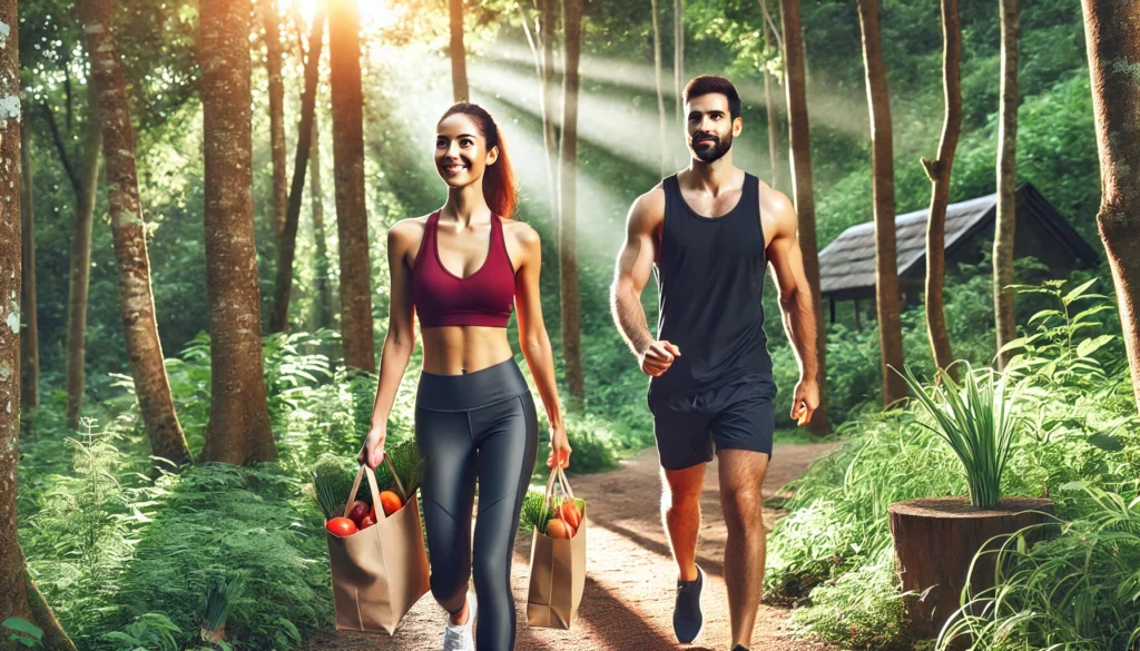 Energetic couple walking through a sunlit forest trail with fresh produce in hand, symbolizing vitality and lifestyle change from a two week plant-based diet.