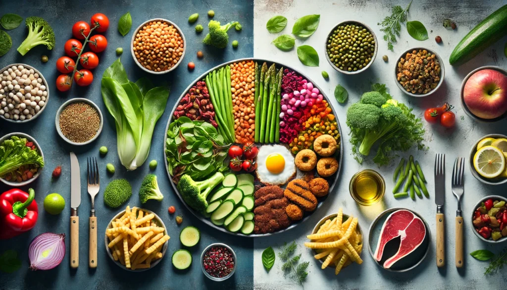 Do Vegans Live Longer Than Meat Eaters? What the Latest Research Says About Vegan Life Expectancy and Longevity 1 A visual comparison of two dinner plates: one with colorful plant-based foods like grains and vegetables, and the other with red meat and fried food, representing the health contrast between diets.