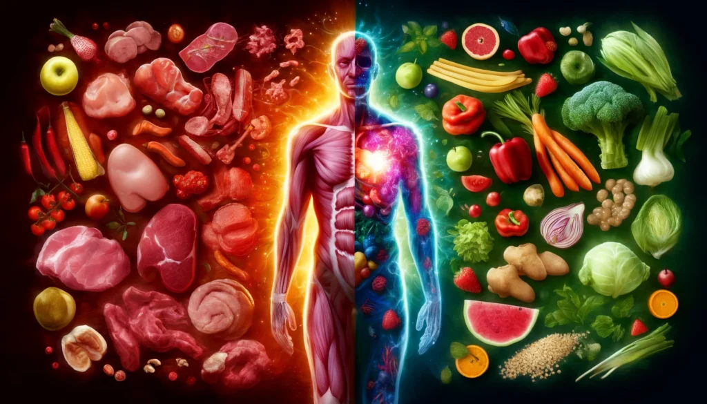 What Happens to Your Body When You Stop Eating Meat? Science-Backed Benefits, Side Effects, and What to Expect 1 A split-view conceptual illustration of a human body transitioning from a meat-heavy diet to a plant-based one, visually representing improved internal health and vitality.