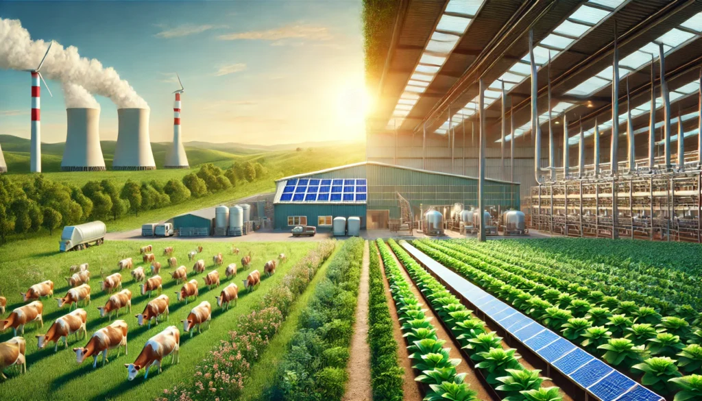 Split-view farm landscape showing the environmental contrast between industrial animal agriculture and sustainable plant-based farming with green fields and solar energy integration.