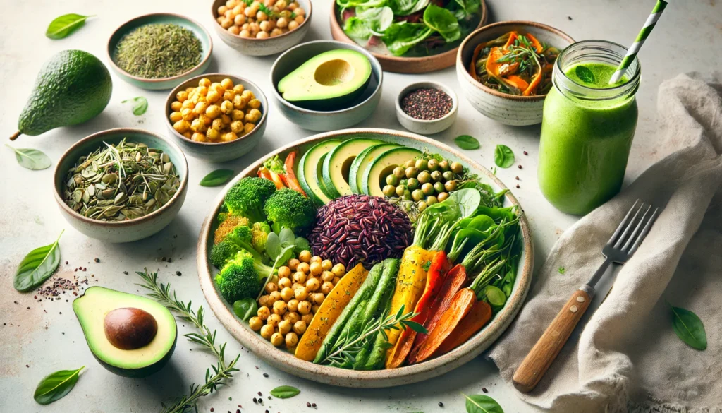 Best Plant-Based Carbs for Energy and Health: What Science Says About Vegetarian Carbohydrates 1 A vibrant, healthy plant-based meal featuring roasted vegetables, chickpeas, wild rice, avocado, and a green smoothie served on ceramic plates.