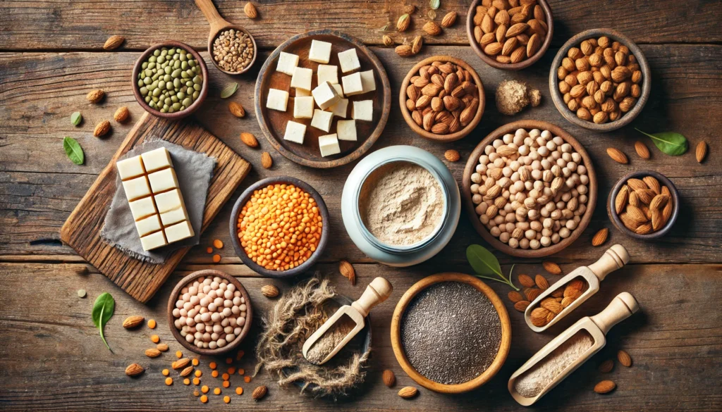 Top-down view of assorted plant-based protein ingredients like lentils, tofu, chickpeas, and chia seeds on a rustic wooden table, centered around an open container of protein powder.