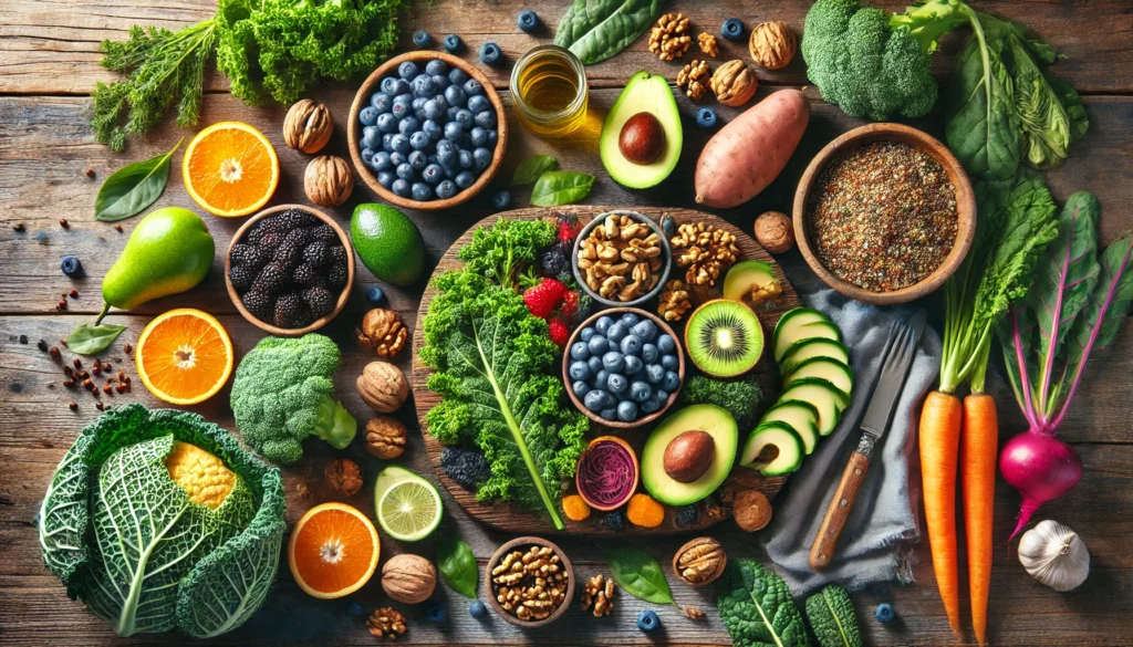 Boost Your Brain and Body: The Best Foods for Energy and Concentration Backed by Science 1 Top-down view of a rustic table filled with colorful plant-based foods like kale, sweet potatoes, quinoa, avocados, blueberries, and citrus fruits, symbolizing natural energy and brain health through whole foods.