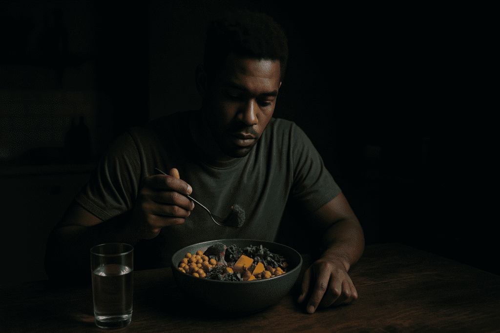 What Can a Vegan Eat? Smart, Healthy Vegan Meal Ideas for a Balanced Plant-Based Lifestyle 1 A moody, photorealistic image shows a young African American man with short curly hair seated at a dark wood table, lifting a forkful of broccoli from a colorful vegan salad bowl. The dim kitchen setting is lit with dramatic shadows and cool tones, emphasizing the vibrant plant-based ingredients and creating a reflective, minimalist atmosphere ideal for promoting balanced vegan lifestyle choices.
