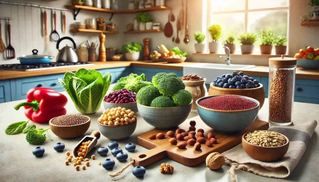 How to Build a Nutrient Dense Diet Plan for Weight Loss and Better Health: What the Science Says 1 Modern kitchen scene with bowls of raw whole plant foods including chickpeas, quinoa, broccoli, blueberries, and seeds, symbolizing fresh ingredients for meal planning.