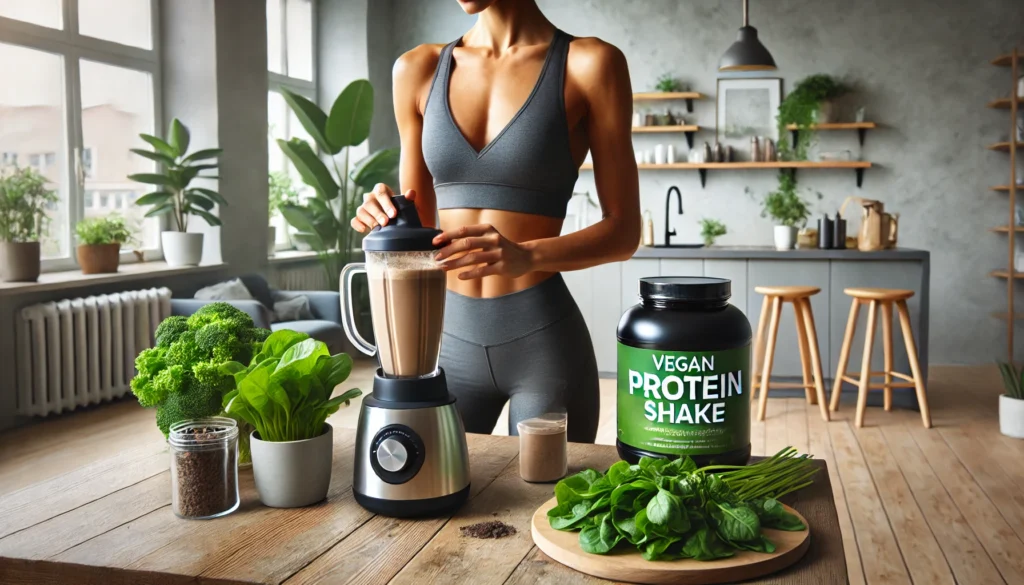 The Best Vegan Protein Powder for Muscle Gain, Weight Loss, and Clean Nutrition: What Science Says About Plant-Based Protein Supplements 1 Athletic woman in a minimalist home gym preparing a vegan protein shake with leafy greens and a blender, representing weight loss and plant-powered fitness.