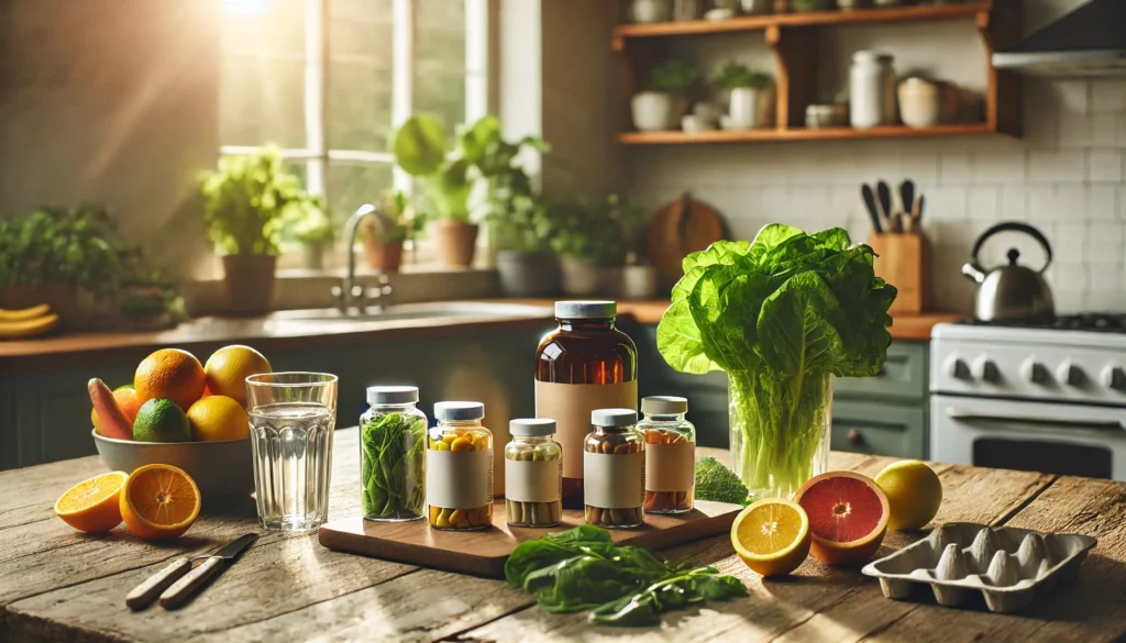 Sunlit wooden table in a kitchen with open vegan supplement bottles, citrus fruits, leafy greens, and a glass of water, symbolizing wholesome nutrition through a plant-based lifestyle.