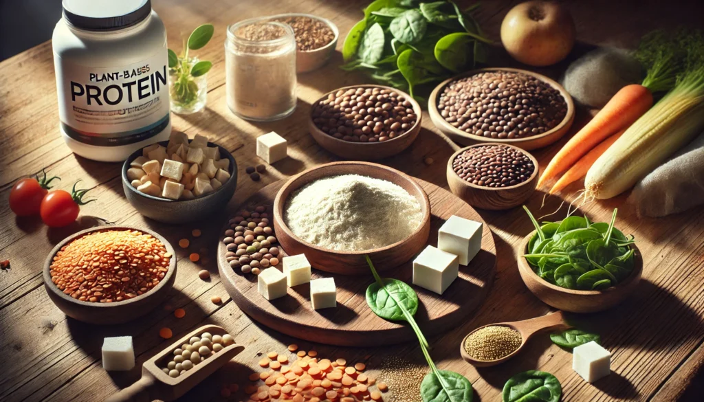 How Creatine Fits Into a Vegetarian Diet: What Science Says About Benefits, Sources, and Supplementation 1 Artistic layout of tofu, lentils, quinoa, and spinach on a rustic table surrounding a small bowl of creatine powder, representing natural sources of protein in a clean vegetarian lifestyle.