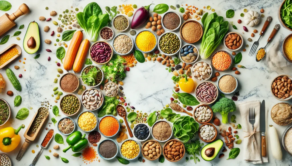 How Plant Protein Compares to Animal Protein: Benefits, Differences, and What the Science Says 1 Top-down view of colorful plant protein sources including beans, seeds, nuts, grains, and leafy greens arranged in a circular pattern on a marble surface.