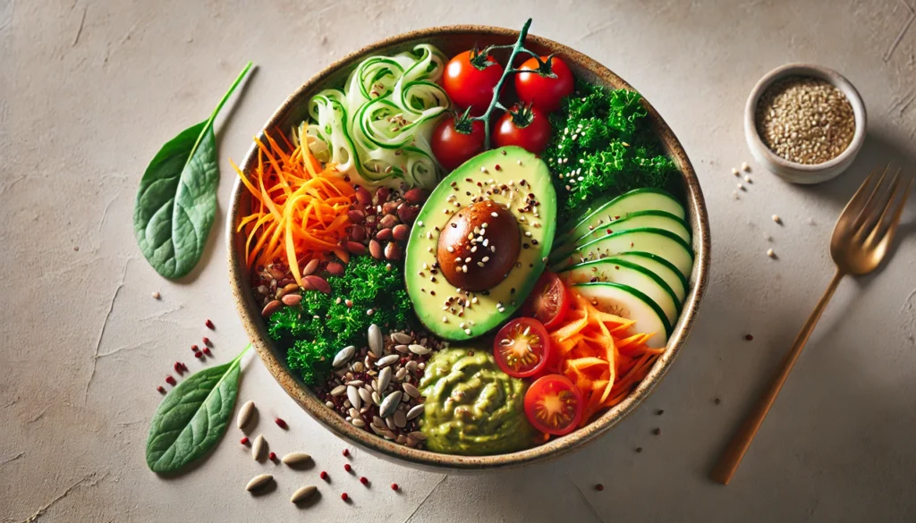 Healthy Vegan Fats: The Best Plant-Based Fat Sources for Energy, Nutrient Absorption, and Overall Wellness 1 Colorful vegan Buddha bowl featuring avocado, quinoa, kale, shredded carrots, cherry tomatoes, sunflower seeds, sesame seeds, and tahini, styled on a neutral background.