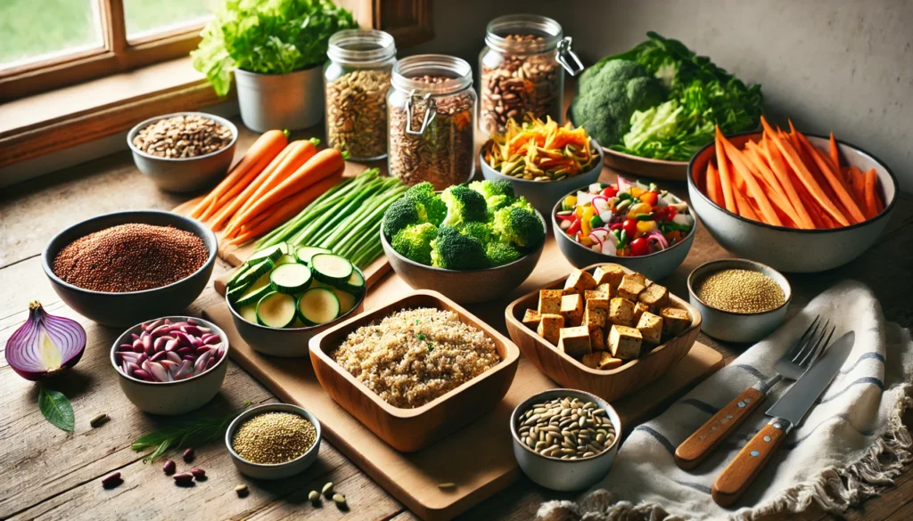 Rustic kitchen scene showing meal prep for a low carb plant-based diet with bowls of vegetables, cooked quinoa, grilled tofu, and assorted seeds and legumes on a countertop.