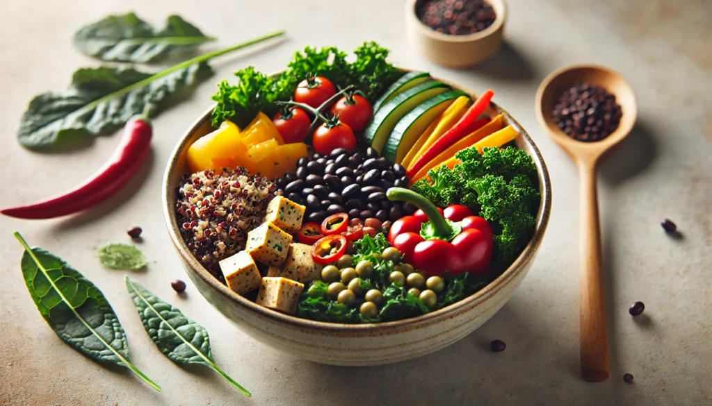 How to Get Enough Iron as a Vegetarian: Best Plant-Based Sources and Science-Backed Tips for a Healthy Diet 1 A close-up of a wholesome plant-based meal featuring black beans, quinoa, kale, bell peppers, and tofu served in a ceramic bowl with a clean, neutral background.