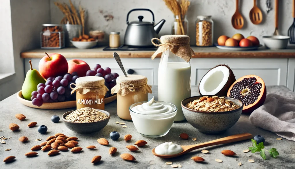 Is Milk Vegetarian? What Science Says About Dairy, Butter, Yogurt, and the No Meat No Dairy Diet 1 Modern kitchen countertop displaying almond milk, oat-based butter, and coconut yogurt surrounded by fruits and grains, visually representing a dairy-free, plant-based lifestyle.
