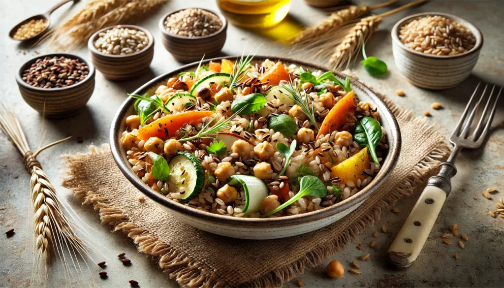 How Mediterranean Grains Support Whole-Body Health: The Science Behind the Whole Grains Mediterranean Diet 1 Close-up of a colorful Mediterranean grain salad featuring farro, chickpeas, roasted vegetables, and herbs in a ceramic bowl on a stone countertop.