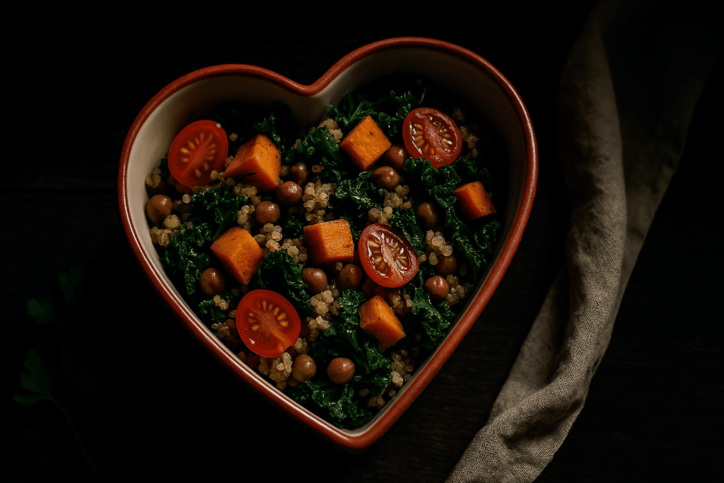Heart-Healthy Vegetarian Recipes That Support Cardiovascular Wellness: Expert Tips and Delicious Plant-Based Dishes 1 A heart-shaped ceramic bowl filled with quinoa, kale, roasted sweet potatoes, chickpeas, and cherry tomatoes is placed on a dark wooden surface under moody lighting with dramatic shadows. The rich contrast and focused illumination highlight the colorful, plant-based ingredients, visually emphasizing the theme of heart-healthy vegetarian recipes for cardiovascular wellness.