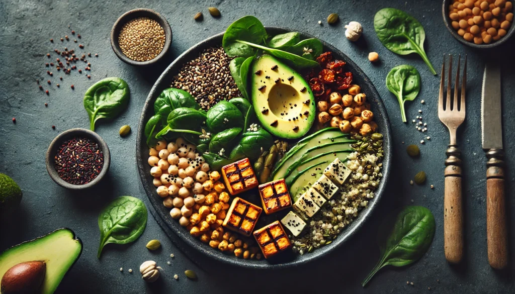 Best Dairy-Free Protein Sources for a Plant-Based Diet: Top Non-Dairy Protein Foods Backed by Science 1 A beautifully plated plant-based protein bowl featuring grilled tofu, chickpeas, quinoa, lentils, spinach, avocado, and seeds on a dark slate background.