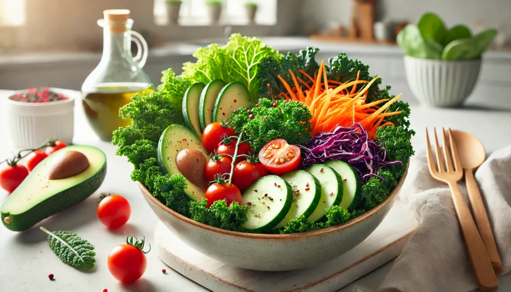 A vibrant vegetable salad bowl featuring kale, cherry tomatoes, shredded carrots, purple cabbage, cucumbers, and avocado in a bright kitchen, emphasizing plant-based nutrition and variety.