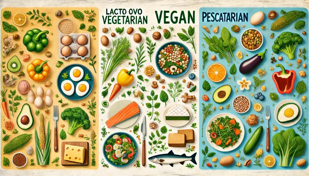 Visual comparison of plant-based diets with distinct sections for lacto ovo vegetarian, vegan, and pescatarian foods, featuring eggs, cheese, tofu, legumes, and fish in a clean, natural setting.