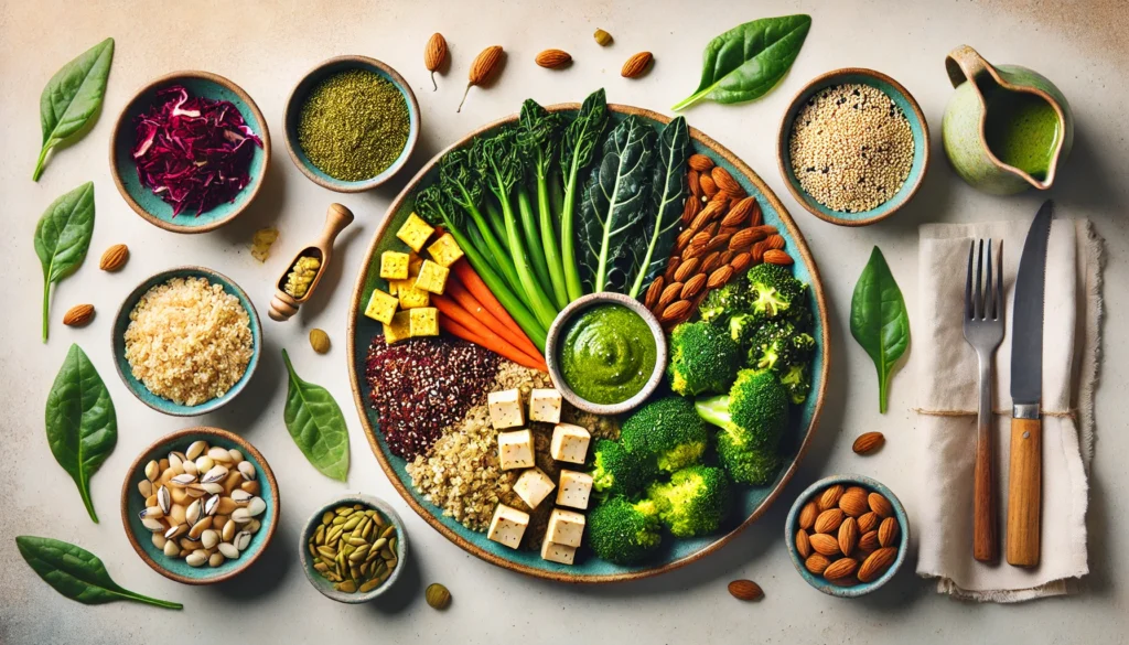 Best Plant-Based Calcium Sources for Strong Bones: How to Get Enough Calcium on a Vegan or Vegetarian Diet 1 Colorful vegan meal with tofu, quinoa, broccoli, tahini sauce, collard greens, and side bowls of sesame seeds and almonds, visually representing plant-based calcium sources for strong bones.
