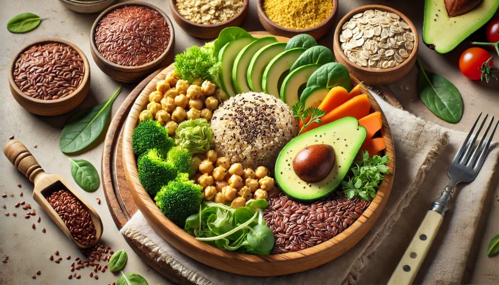 A close-up of a fiber-rich meal on a wooden plate, featuring quinoa, chickpeas, steamed vegetables, and avocado, surrounded by raw ingredients like flaxseeds, oats, and lentils, symbolizing a balanced diet for managing diabetes naturally.