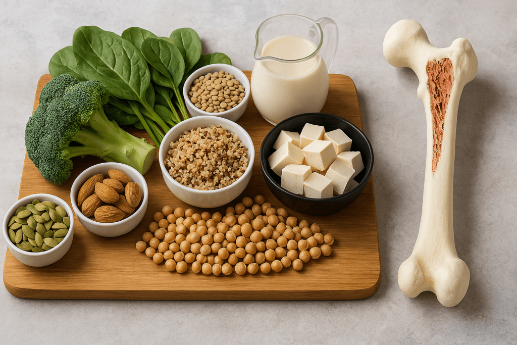 Can a Vegan Diet Affect Bone Health? What Science Says About Osteoporosis in Vegans 1 An assortment of vegan calcium- and protein-rich foods—spinach, broccoli, almonds, quinoa, tofu, soybeans, lentils, pumpkin seeds, and plant milk—arranged on a wooden board beside an anatomical femur model showing signs of osteoporosis, visually representing the link between vegan diets and bone health.