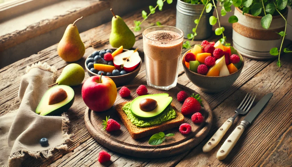 A rustic wooden table with high-fiber breakfast foods, including whole grain toast with avocado, a fruit salad with apples, pears, and raspberries, and a fresh smoothie, set against a backdrop of green plants evoking a sense of health and wellness.