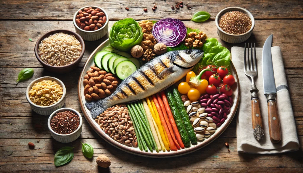 A beautifully arranged plate with grilled fish, accompanied by fiber-rich foods including whole grains, beans, nuts, and vibrant vegetables, presented on a rustic wooden table.