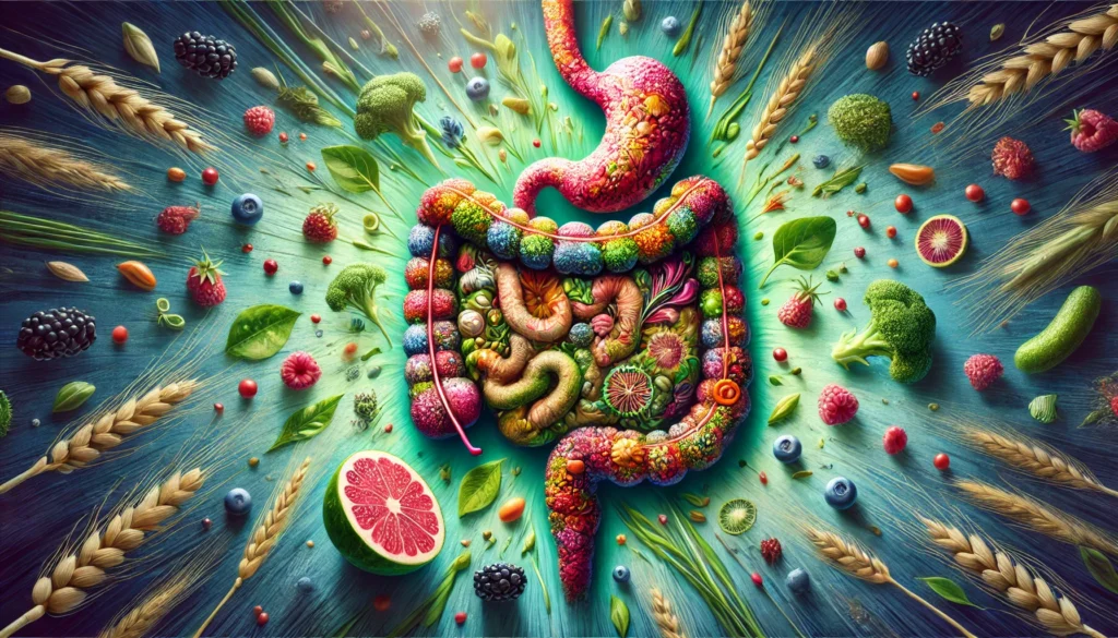 A visually striking artistic representation of a healthy gut microbiome, showing diverse and thriving bacteria inside the intestines. Surrounding the microbiome are vibrant fiber-rich foods like leafy greens, berries, and whole grains, emphasizing the role of fiber in digestive wellness.