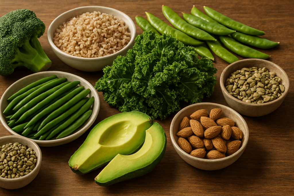 How Full Vegan Meals Help You Stay Satisfied Longer: Science-Backed Ways Vegan Food Keeps You Full Naturally 1 An overhead view of nutrient-dense vegan foods including raw kale, broccoli, avocado halves, green beans, snap peas, brown rice, almonds, sunflower seeds, and lentils, all neatly arranged on a wooden surface to showcase the variety and satiety-boosting power of whole plant-based ingredients.