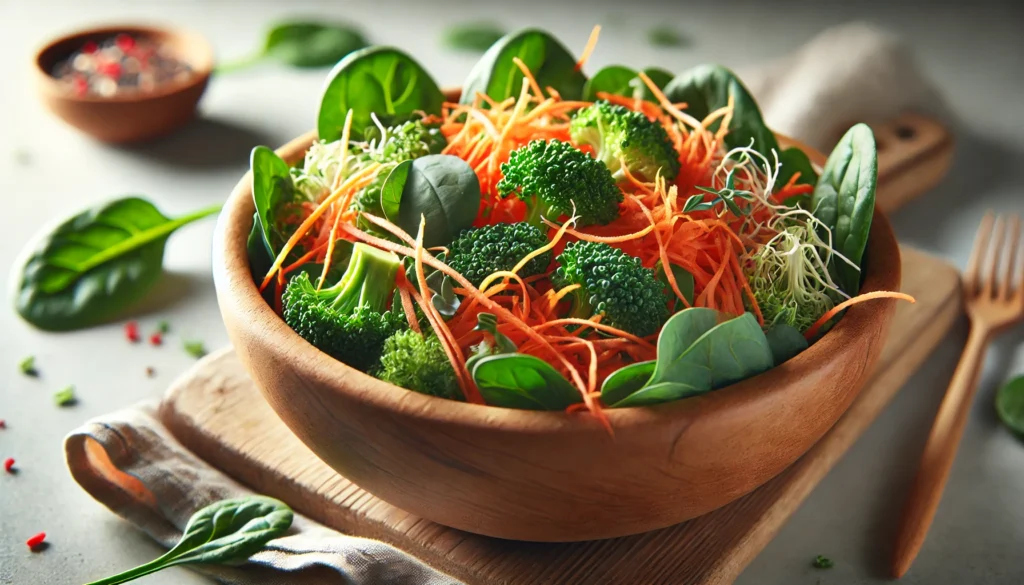 Are Carrots a Good Source of Fiber? Comparing Fiber Content in Carrots, Broccoli, and Leafy Greens 1 A close-up of a colorful salad with shredded carrots, chopped broccoli, and leafy greens in a wooden bowl, highlighting the fibrous textures and freshness of the vegetables.