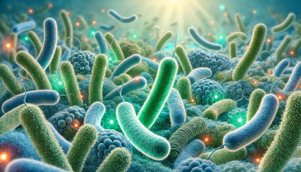 How North American Ginseng Supports Gut Health: The Science Behind Its Digestive Benefits 1 Microscopic view of beneficial gut bacteria in a thriving microbiome, featuring diverse bacterial strains glowing in blue and green hues, symbolizing gut health and balance.