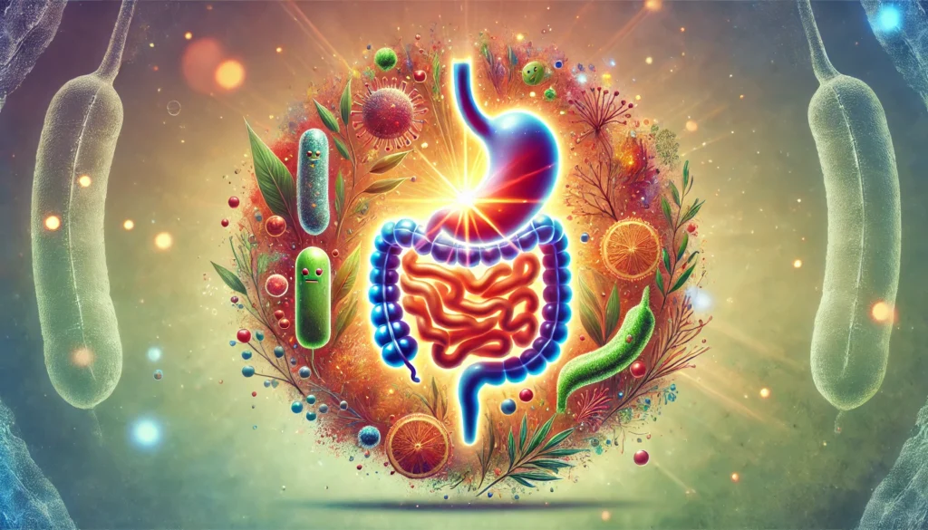 The Gut-Healing Benefits of Ashwagandha Root Powder 500mg: How It Supports Digestion and Microbiome Health 1 A vibrant artistic representation of gut health and microbiome balance, featuring a glowing digestive system surrounded by beneficial bacteria and herbal elements, symbolizing natural digestion support.