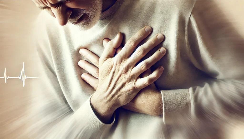 Can Ashwagandha Cause Dizziness or Allergic Reactions? What You Need to Know 1 A person experiencing chest discomfort, pressing their hand against their chest with a pained expression. The blurred background highlights their discomfort and unease.