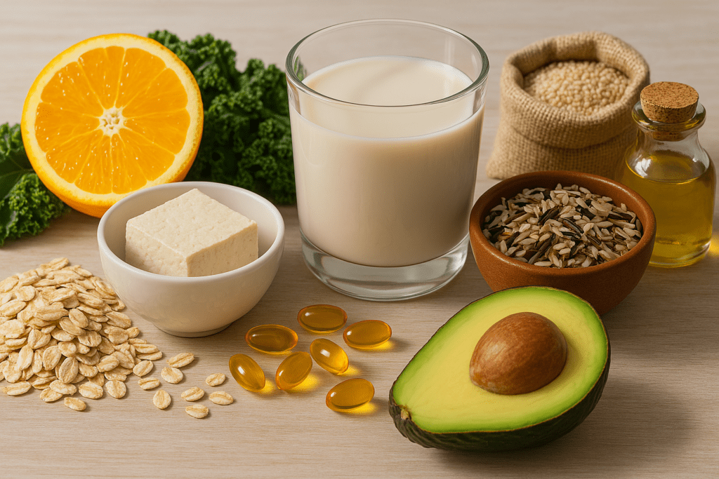 The Best Vegan Sources of Vitamin D: How to Get Enough from Food and Supplements Without Animal Products 1 A high-resolution image of vegan vitamin D sources arranged on a wooden surface, featuring a halved avocado, rolled oats, a bowl of tofu, a glass of plant-based milk, wild rice in a brown bowl, sesame seeds in a burlap sack, a glass bottle of oil, fresh kale, a halved orange, and golden softgel vitamin D capsules, all lit with soft natural light.