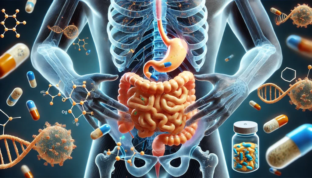 A scientific-style illustration showcasing the interaction between medications and the gut microbiome, featuring a transparent human torso with highlighted intestines, molecular structures, and floating pill capsules.