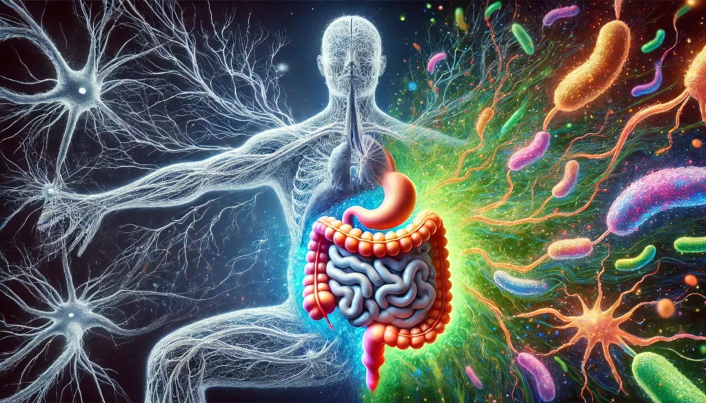 Ashwagandha and Multiple Sclerosis: Potential Benefits and Risks for Gut Health 1 An abstract visualization of neurons intertwined with a colorful representation of gut microbiota, illustrating the connection between multiple sclerosis, brain function, and digestive health.