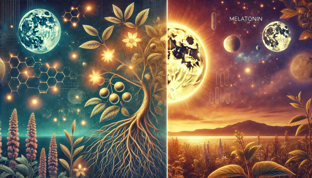 Ashwagandha vs. Melatonin: Which Natural Sleep Aid Supports Gut Health and Overall Wellness? 1 A peaceful nighttime landscape featuring a person sleeping soundly, surrounded by a soft glowing aura symbolizing deep rest. The foreground subtly integrates melatonin molecules into the starry atmosphere, representing sleep regulation. The scene transitions into a lush, green herbal garden with ashwagandha plants growing vibrantly, highlighting their stress-relieving and wellness benefits.