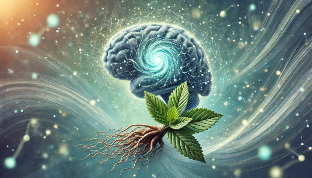 Can You Take Ashwagandha with Antidepressants? Exploring Safety, Benefits, and Risks 1 A conceptual fusion of ashwagandha roots blending into a neural network visualization, symbolizing the interaction between herbal supplements and serotonin regulation in brain health.