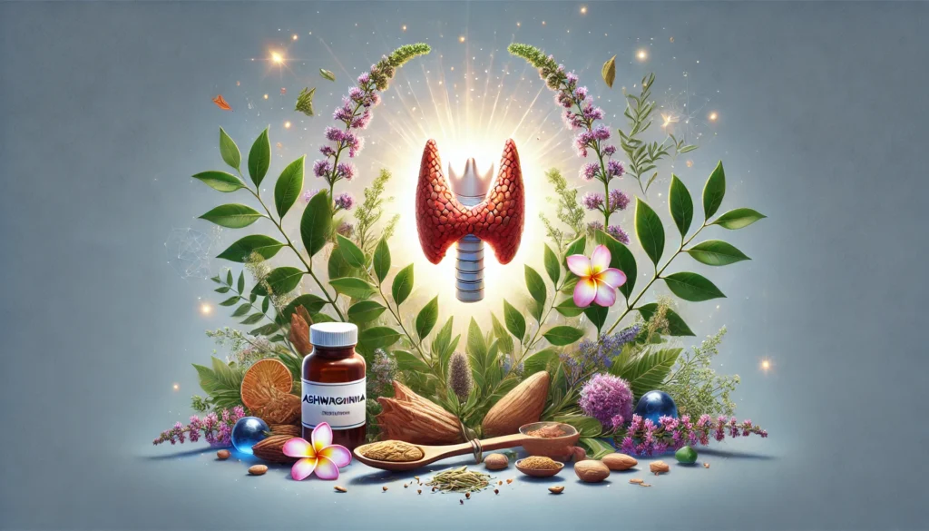 Ashwagandha and Thyroid Health: Benefits, Risks, and Medication Interactions Explained 1 A conceptual digital artwork depicting the thyroid gland surrounded by natural healing elements, including ashwagandha plants, herbal extracts, and a soft glowing aura. The scene represents the balance between traditional herbal medicine and modern thyroid health management, with a calm and natural color palette.