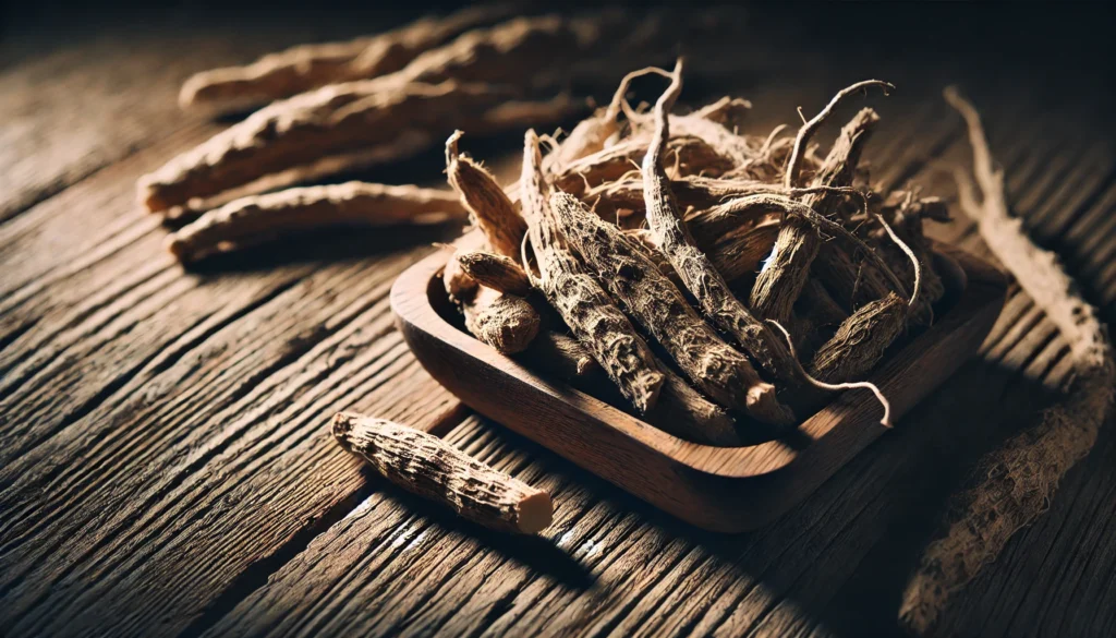 Efectos Secundarios de la Ashwagandha: Lo Que Debes Saber Antes de Tomarla 1 A close-up of Ashwagandha roots on a rustic wooden surface with subtle shadows, hinting at both the benefits and possible side effects of the herb.